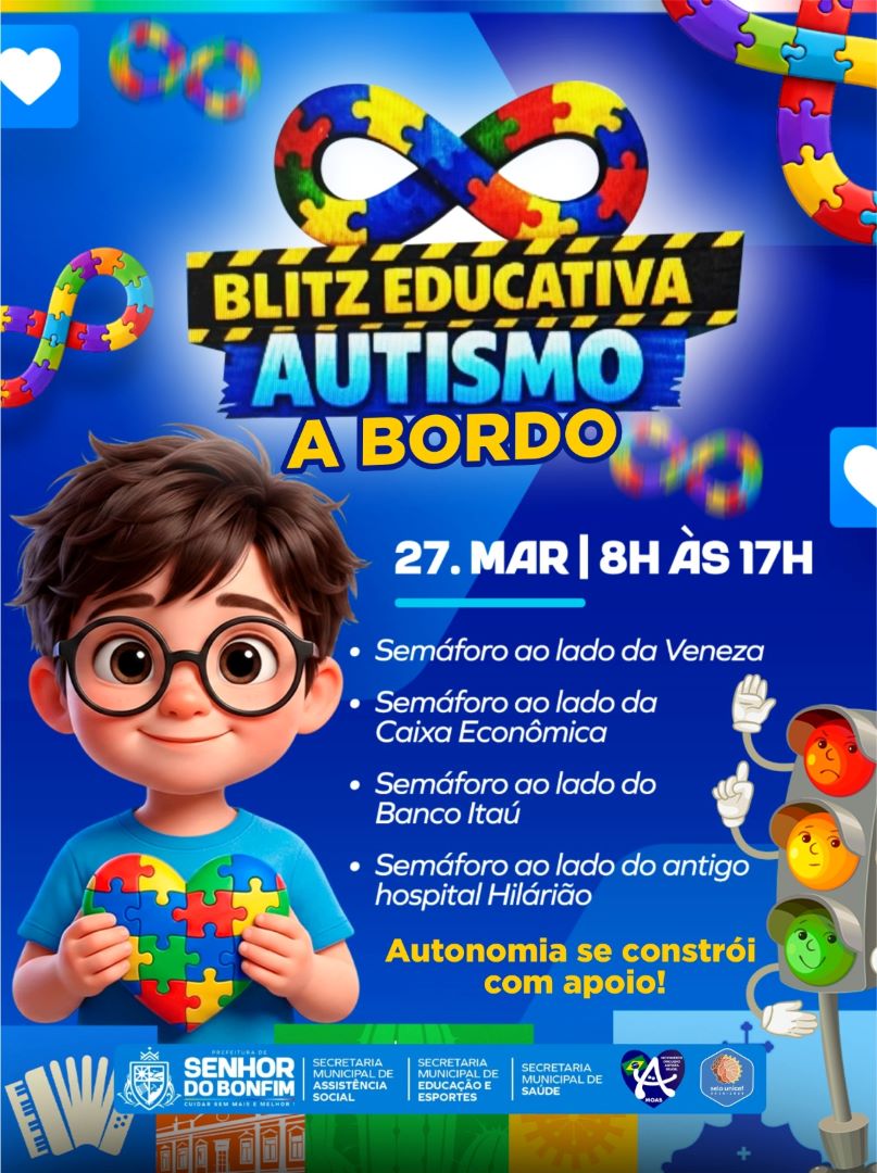 Imagem 1 de Abril Azul: Prefeitura de Senhor do Bonfim inicia campanha de conscientização sobre o Transtorno do Espectro Autista com blitz educativa nesta sexta-feira (27)