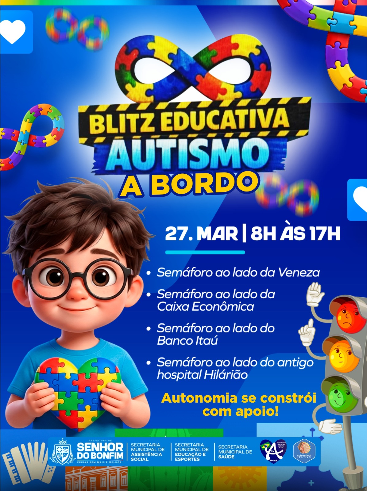 Imagem 2 de Abril Azul: Prefeitura de Senhor do Bonfim inicia campanha de conscientização sobre o Transtorno do Espectro Autista com blitz educativa nesta sexta-feira (27)