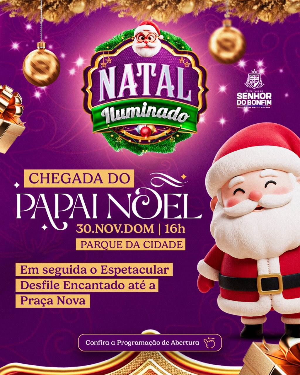 Papai Noel chega de helicóptero neste domingo (30) e abre oficialmente o Natal Iluminado de Senhor do Bonfim