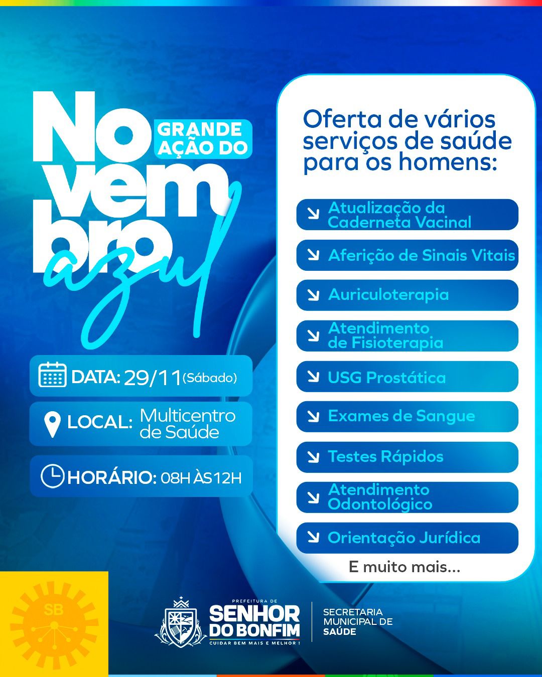 Novembro Azul: Prefeitura de Senhor do Bonfim realiza grande ação do neste sábado (29) no Multicentro de Saúde   
