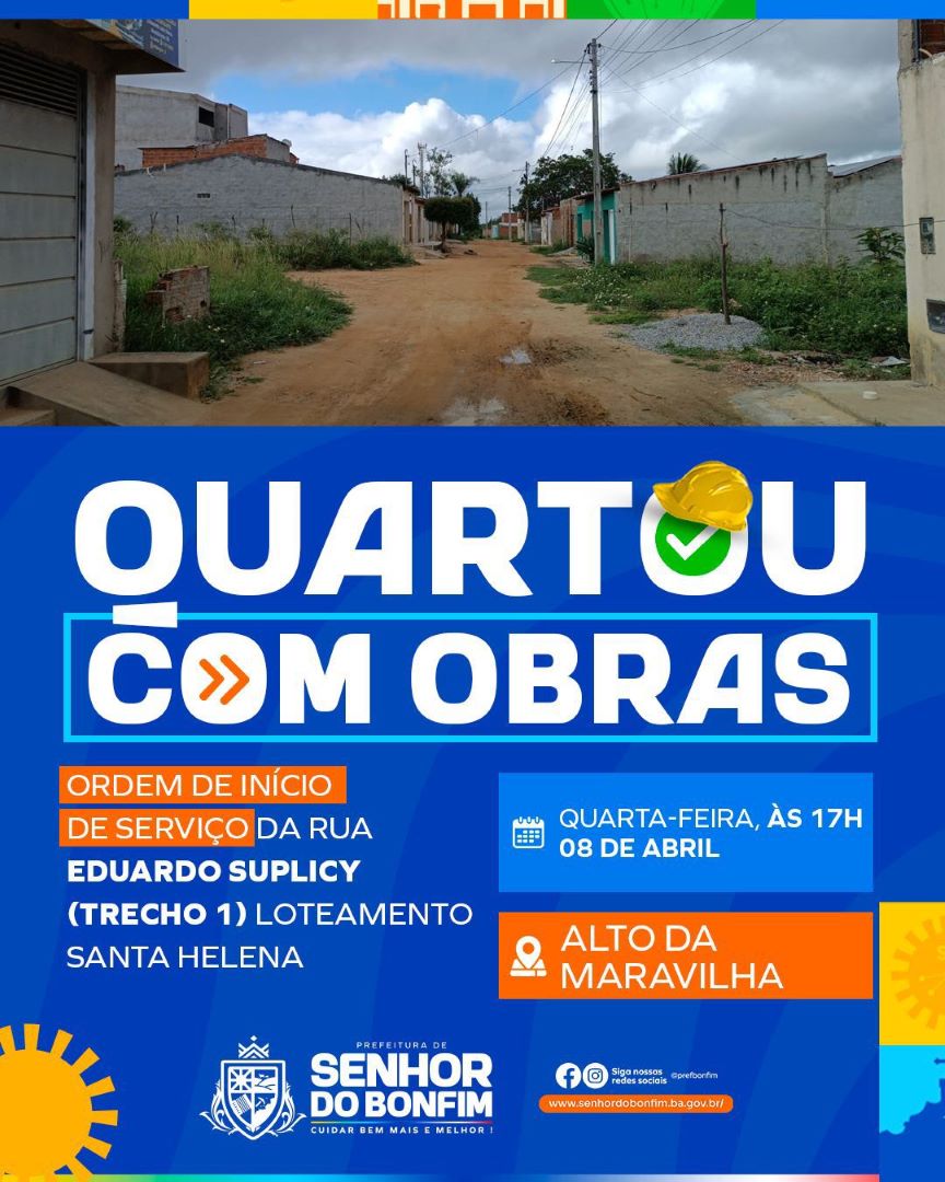 “Quartou com Obras”: Prefeitura de Senhor do Bonfim assina ordem de serviço para pavimentação da Rua Eduardo Suplicy nesta quarta (8)